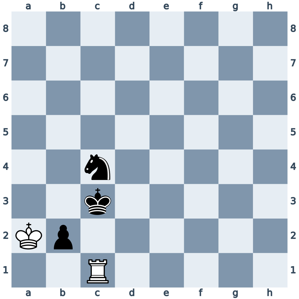 Black to move: king c3, knight c4 and pawn b2 against white king a2 and rook c1. Choose the piece after bxc1.